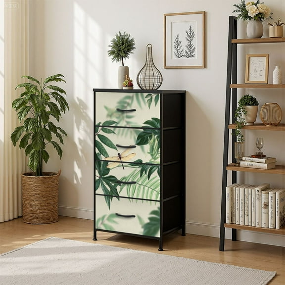 4 Drawer Vertical Storage Dresser Botanical various green leaves butterfly dragonfly light with Wood Top Fabric Pull Drawers