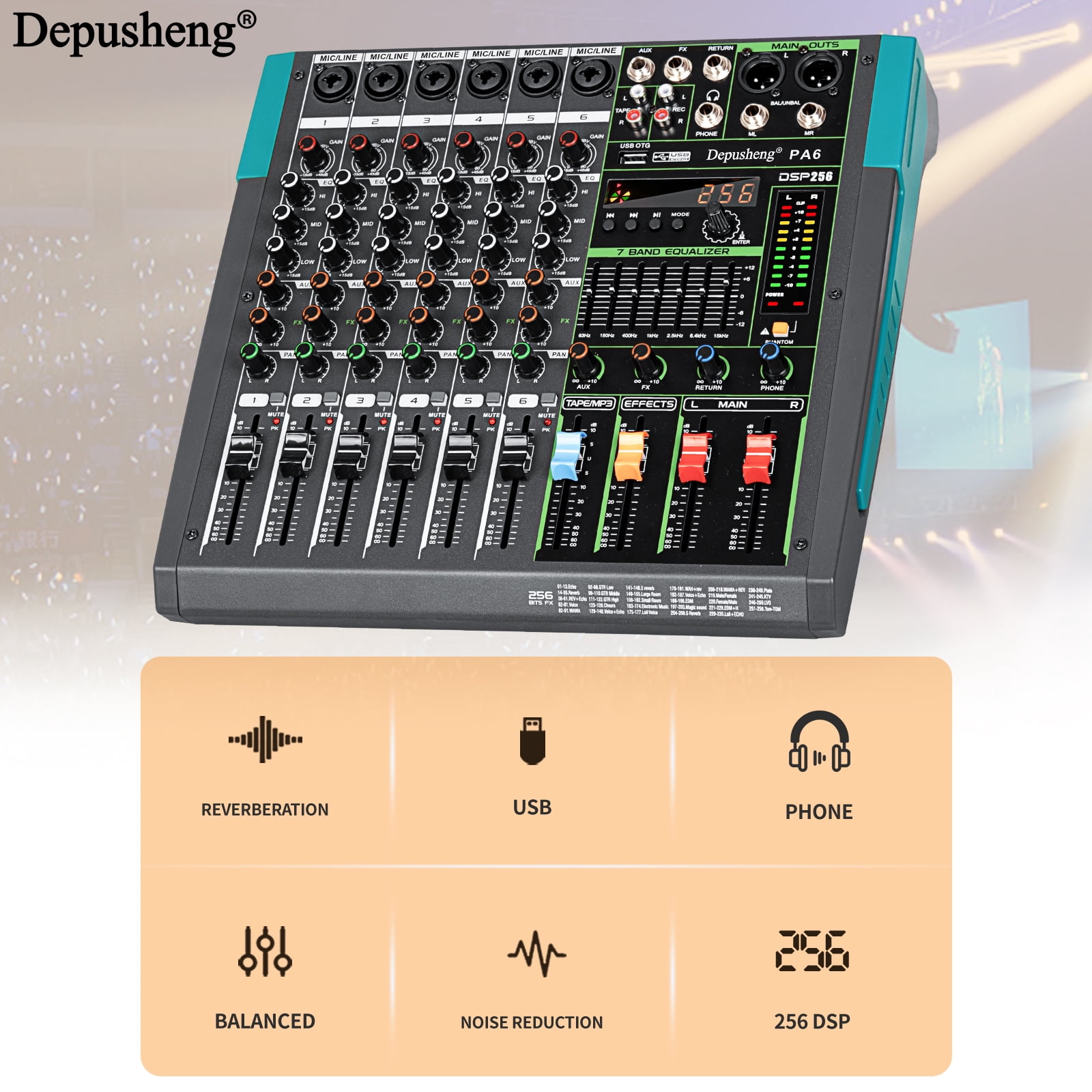 Depusheng Professional Audio Mixer 6-Channel Mixing Console with 256DSP USB & Bluetooth 48V Power for Professional and Beginners