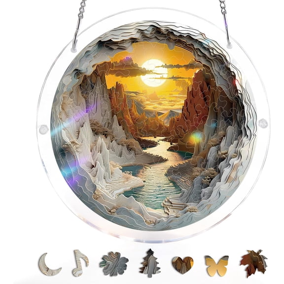 83 Pieces Acrylic Puzzles Suncatcher Window Hanging, 6.7 Inch Acrylic Jigsaw Puzzle Suncatcher, Acrylic Puzzles Garden Decoration for Birthday Mothers Day Gift Home Decor (Dawn Inside a Cave)