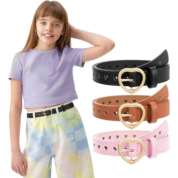 QZLGJL 3 Pack Kids Belts for Girls – Heart Buckle Leather Belts for Jeans & Pants