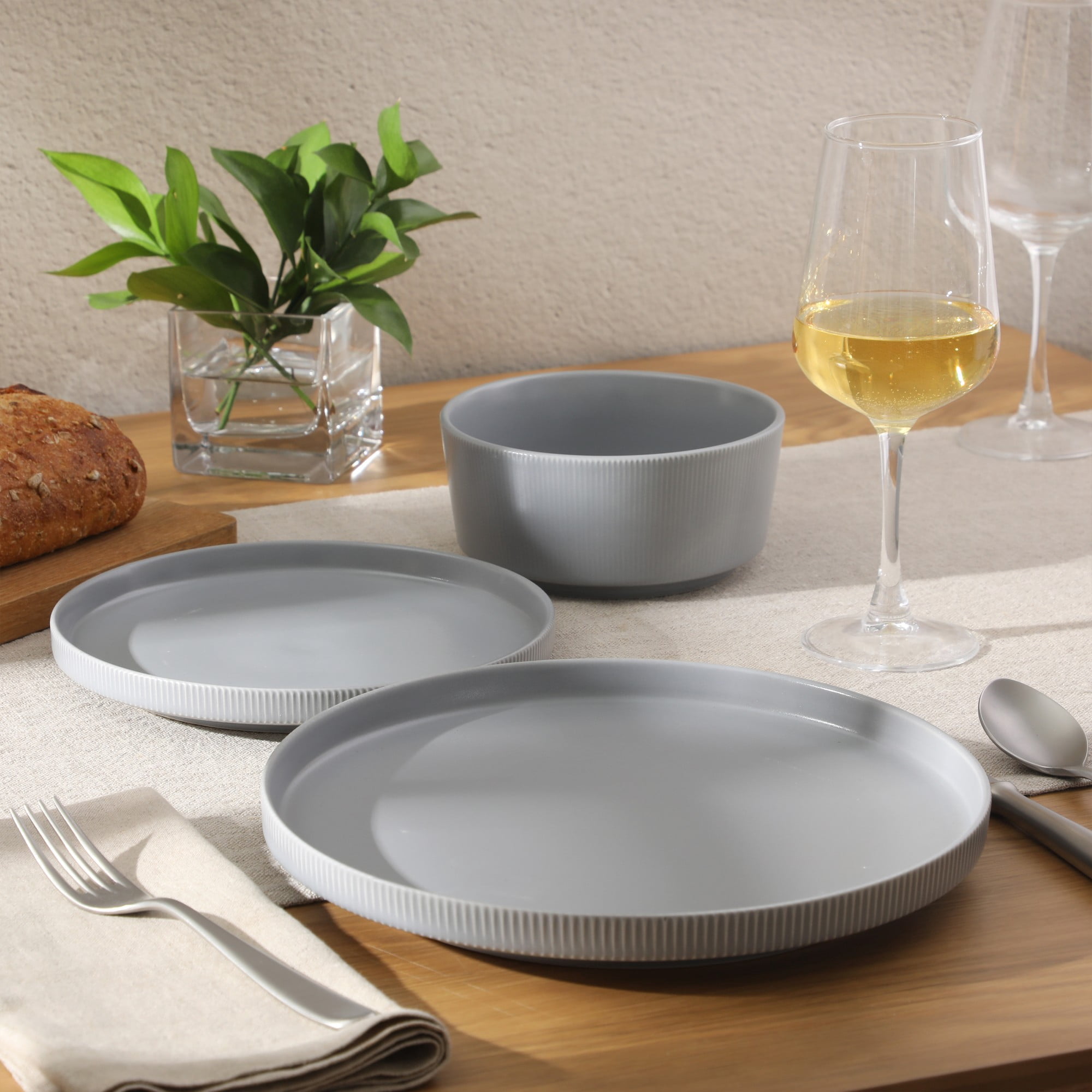 Gibson Home Dempsey Road 12-Piece Stoneware Dinnerware Set – Service for 4, Round Grey Plates and Bowls, Durable Solid Color Modern Embossed Dish Set, Microwave & Dishwasher Safe
