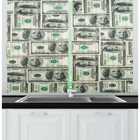 Living In A Dollar Money Curtains 2 Panels Set, Dollar Bills of United States Federal Reserve with the Portrait of Ben Franklin, Window Drapes for Living Room Bedroom, 55W X 39L Inches, Pale Green Grey, by Ambesonne ()