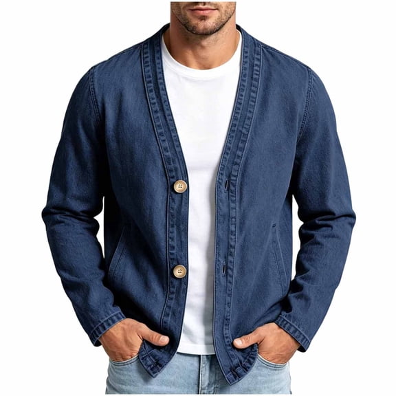 Admvng Men's Denim Cardigan Jacket Long Sleeve Open Front Casual Jean Outerwear Lightweight Layering Shacket