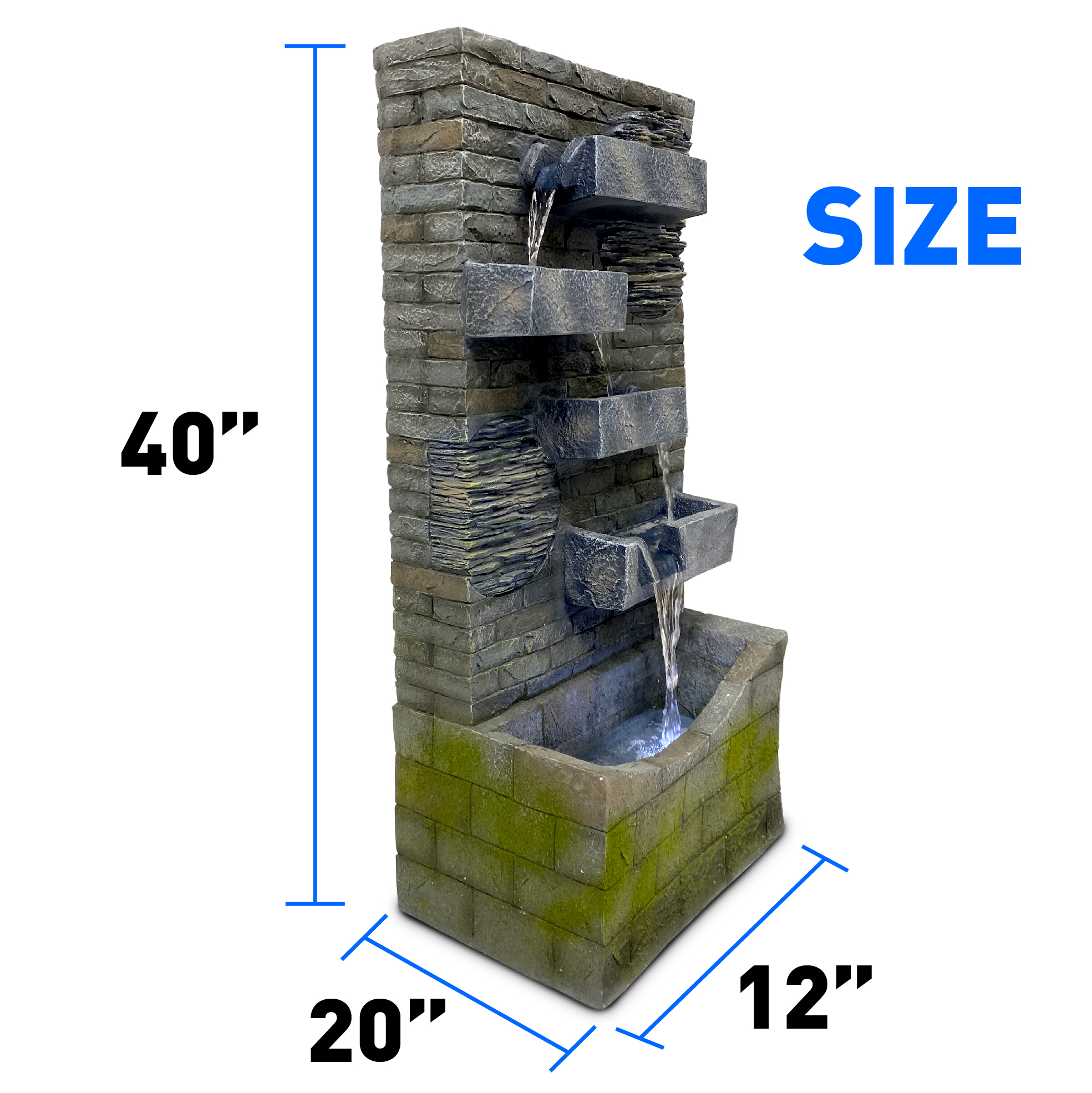 4 Tier Rock Water Fountain with LED Light Made from Fiberglass Resin - Outdoor Or Indoor, Large 40” Tall X 20” Wide, Grey