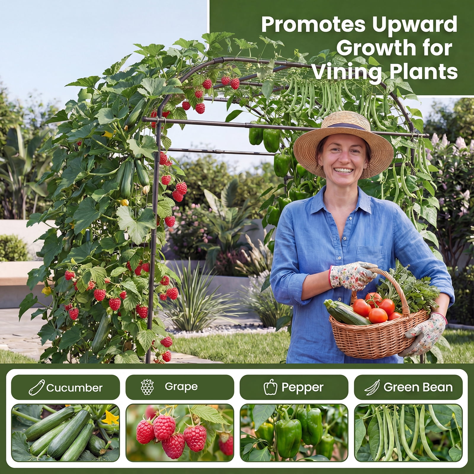 ELLEGNT Outdoor Climbing Plant Trellis Arch, 7.5 FT Tall x 7 FT Wide - Perfect for Raised Bed Cucumbers, Grapes, and Flower Vines - Rustproof Metal Arbor in Black