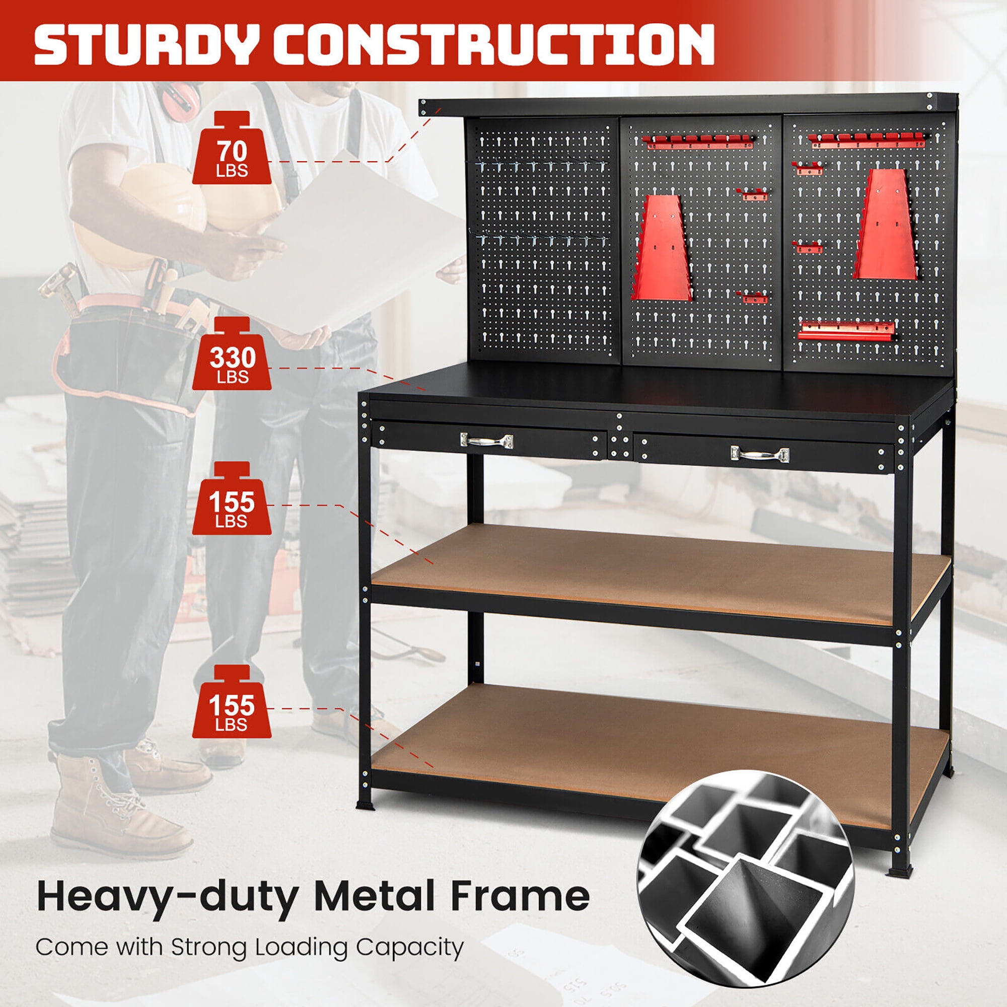 Gymax 48'' Heavy-Duty Workbench with Peg Board Hook Kit & Drawers