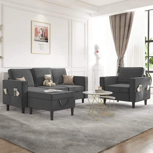 Mjkone Convertible Sectional Sofa Couch with Storage Ottoman, 3 Pcs