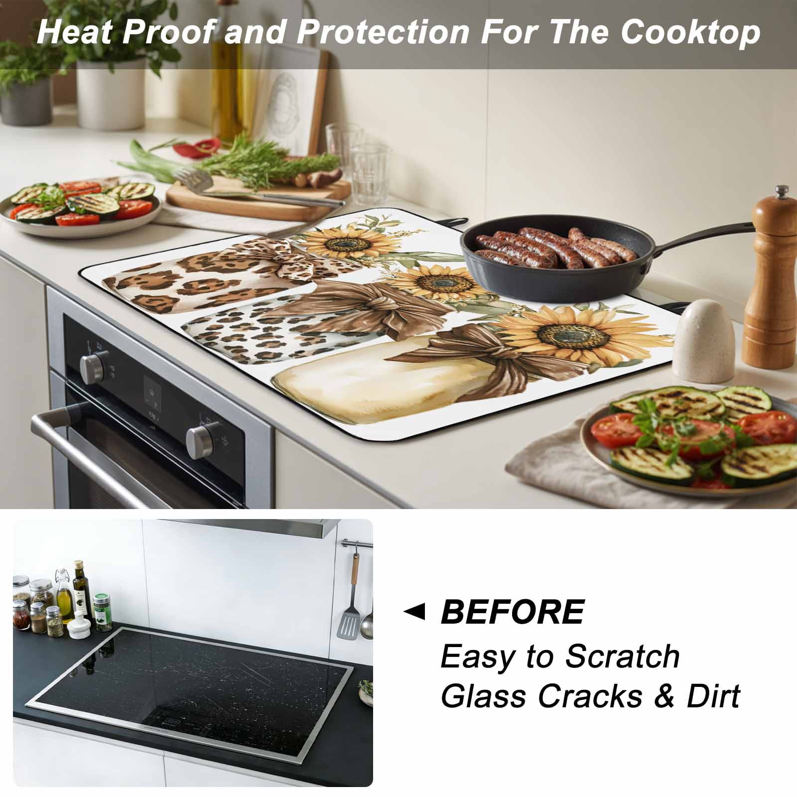 Spring Sunflower Glass Bottle Stove Top Cover for Electric Stove, Heat-proof & Non Slip Glass Top Stove Cover Protector, Brown Bow Leopard Kitchen Flat Cooktop Rubber Mat 24x21 Inches