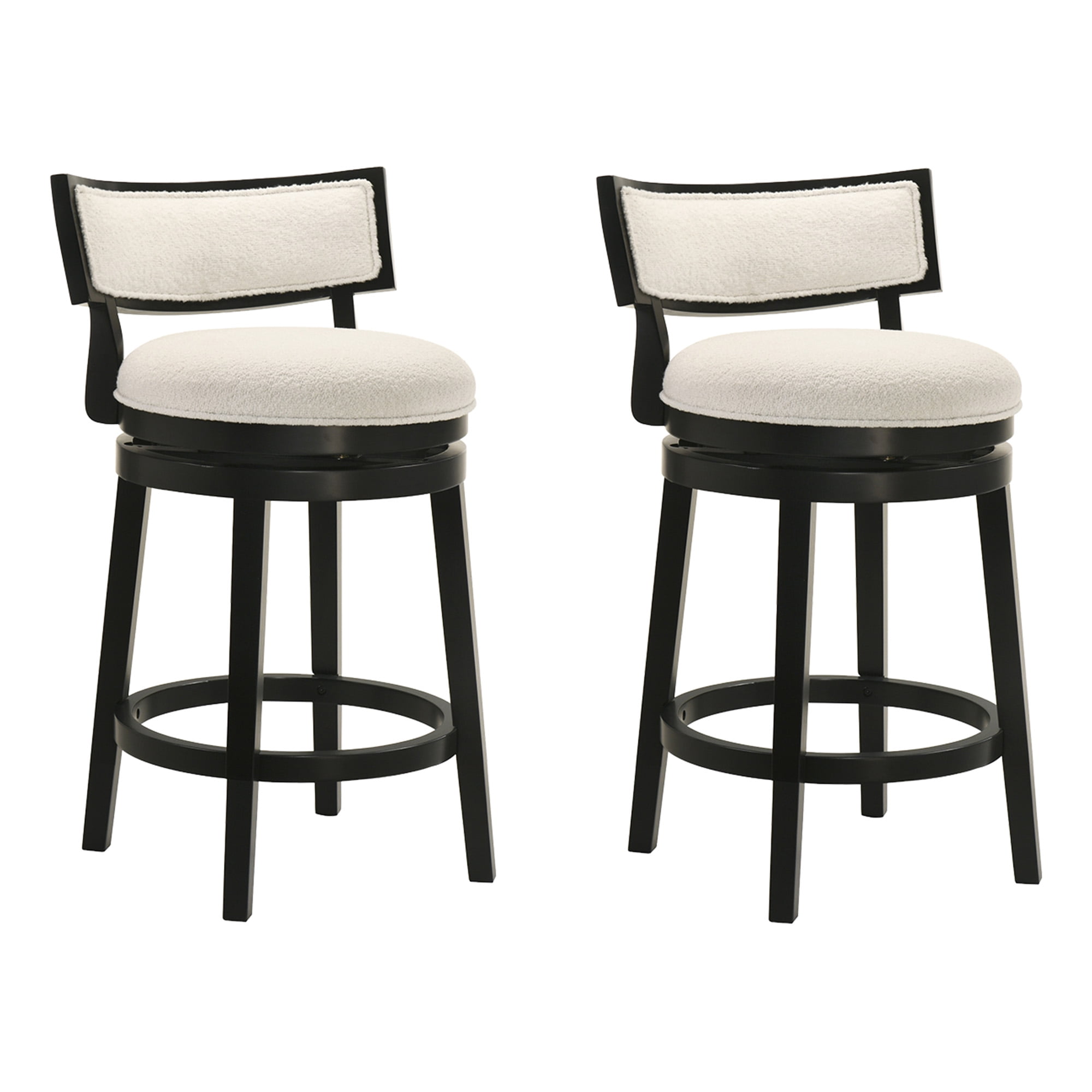 Noely Modern Farmhouse Swivel Wood Counter Height Kitchen Bar Stool in Black Finish with White Boucle Fabric Upholstered Seat - Set of 2