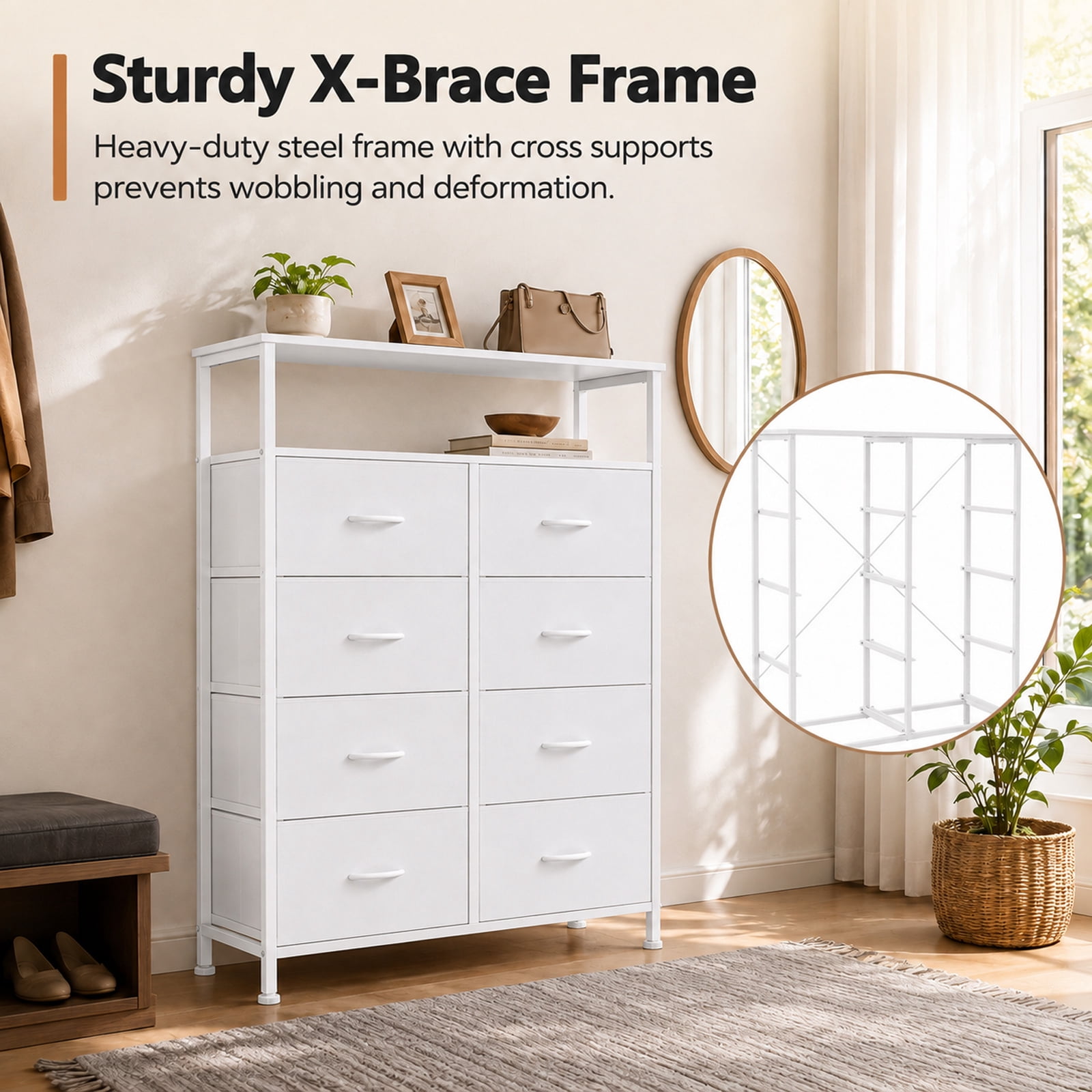 Alvantor 8-Drawer Fabric Dresser with Open Shelf, Chest of Drawers, Steel, MDF, Storage Organizer Unit, Closet, Entryway
