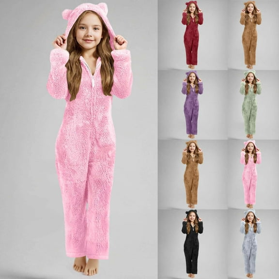 Aihuaihua Girls Fleece Zip Up Jumpsuits Kids Hooded Rompers Costume Fuzzy Cute Animal Onesie Winter Warm Zipper Playsuit Jumper