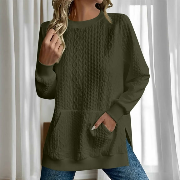 CQONEPT Women's Sweaters Crewneck Side Slit Long Sleeve Shirts Fall Winter Tunic Tops with Pockets Army Green L