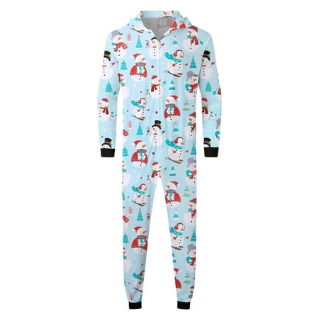 

Men Dad Christmas Sets Light Blue Prints Hooded Zipper Jumpsuit Family Outfit Festive Clothing