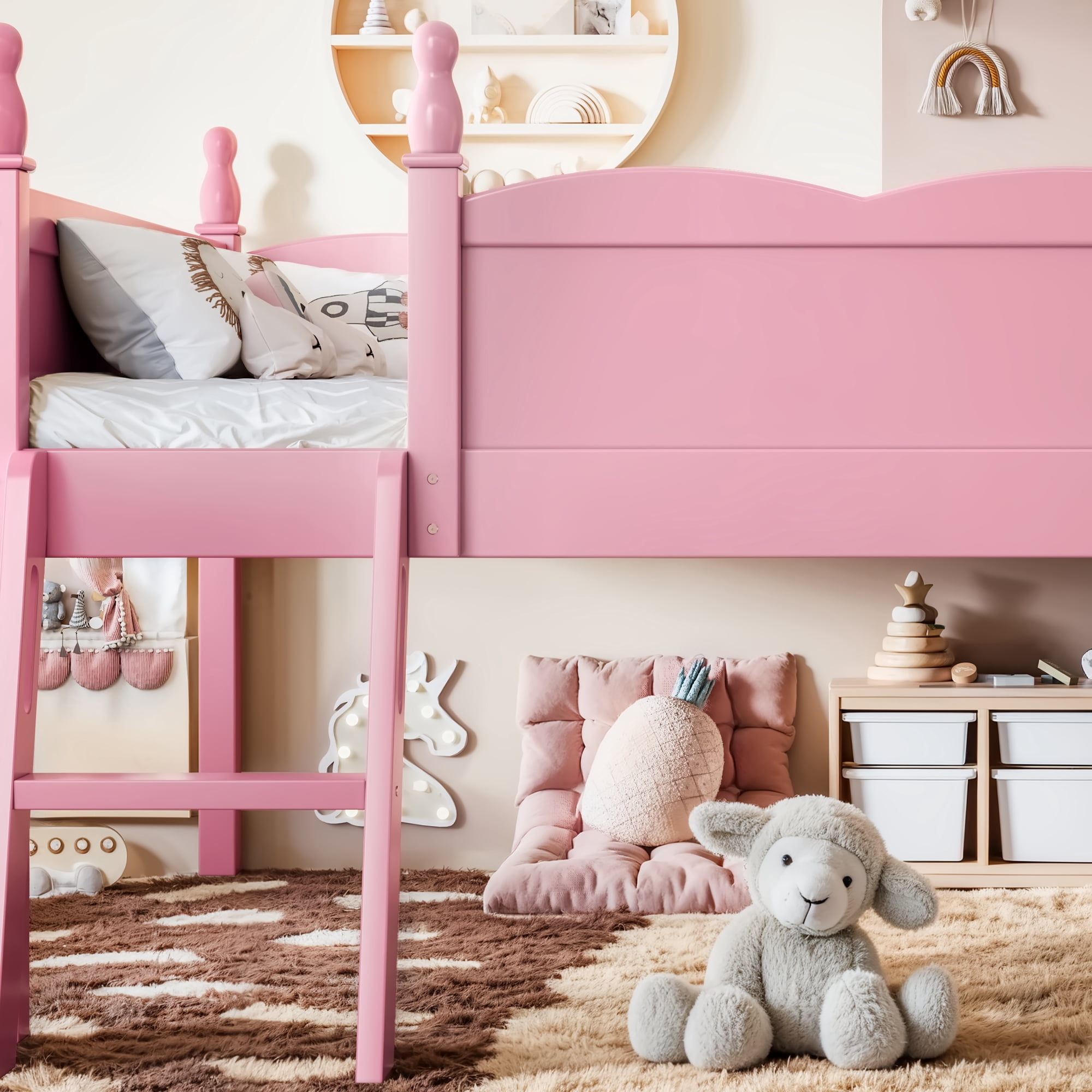 Safe Full Size Low Loft Bed with Full-Length Guardrails and Bookshelf, Solid Wood Bed with Ladder for Kids and Teens, Pink