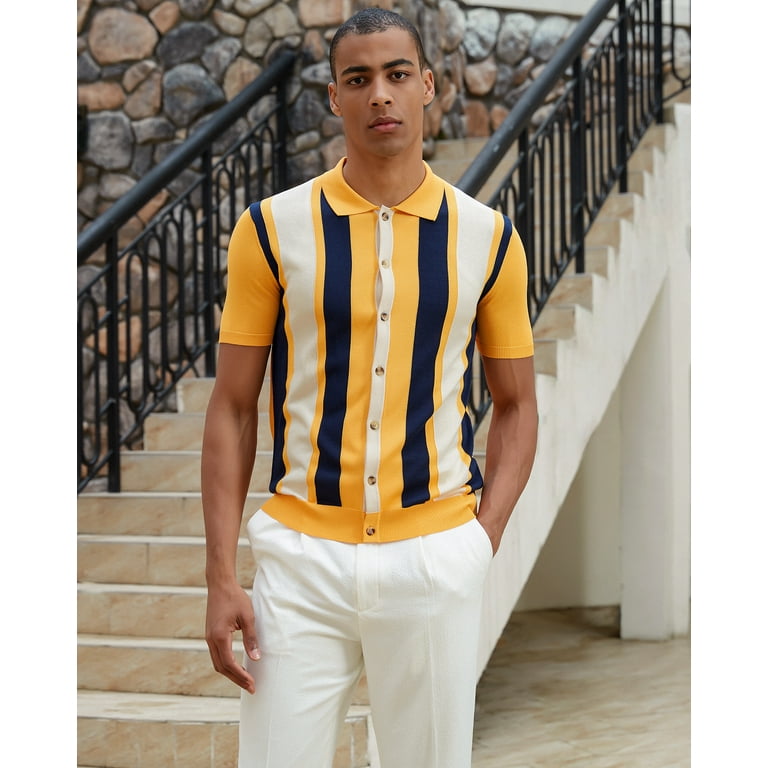 Kallspin Men's Vintage Knit Polo Shirt Short Sleeve Striped