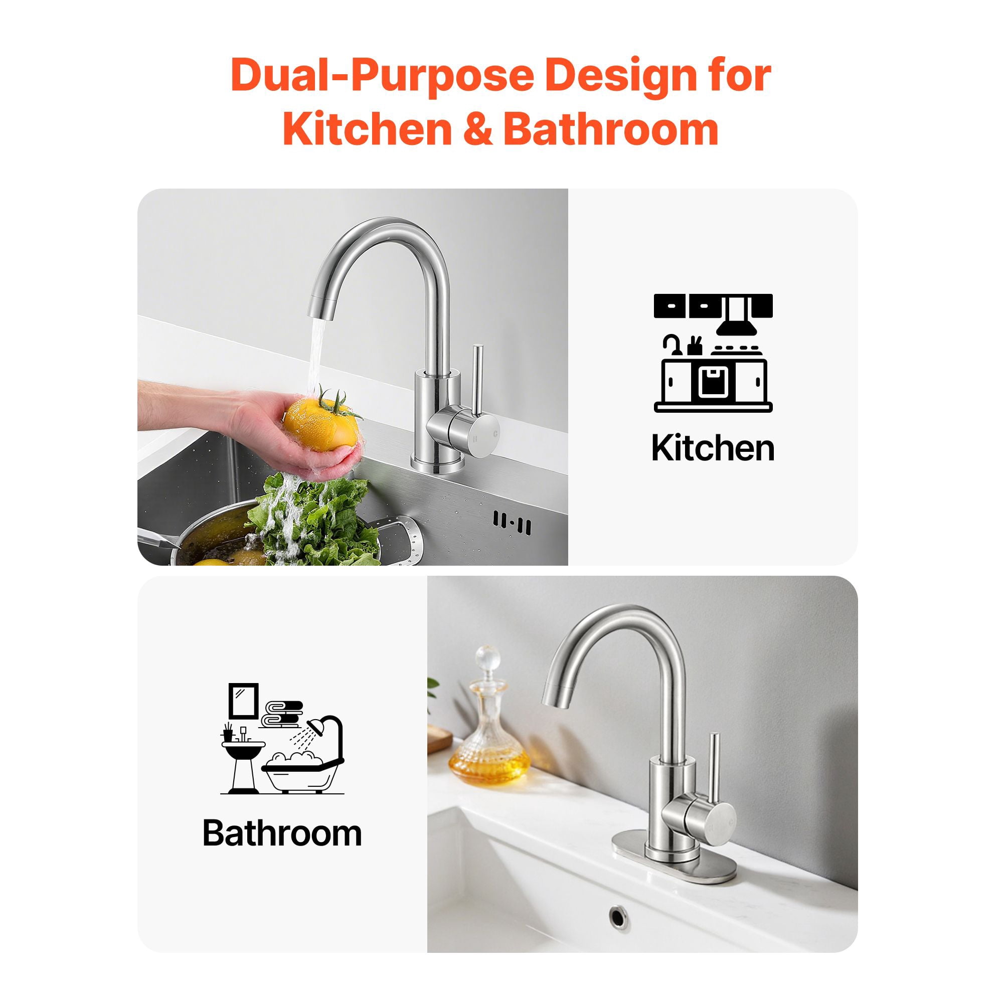 Kitchen Faucet Single Handle 360° Rotating High-Arch Stainless Steel Push-Button Drain for Bar RV Sink