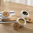 thumbnail image 4 of 3pcs Ceramic Condiment Jars Golf Ball Shaped Multifunctional Modern Porcelain Spice Container Seasoning Storage Jar with Bamboo Lids Spoons Tray for Kitchen, 4 of 9