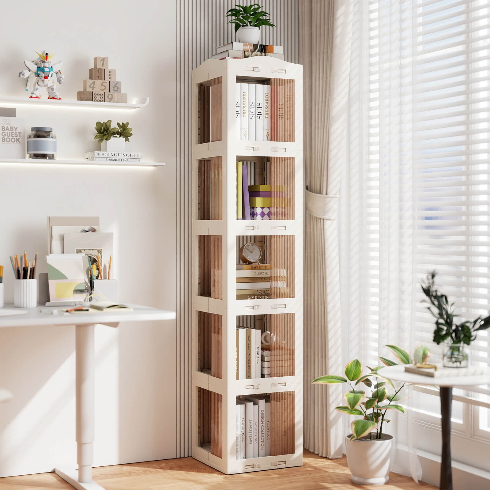 Costway 360° Spinning Bookcase with Swivel Base, 5-Tier Revolving Bookshelf Tower for Study