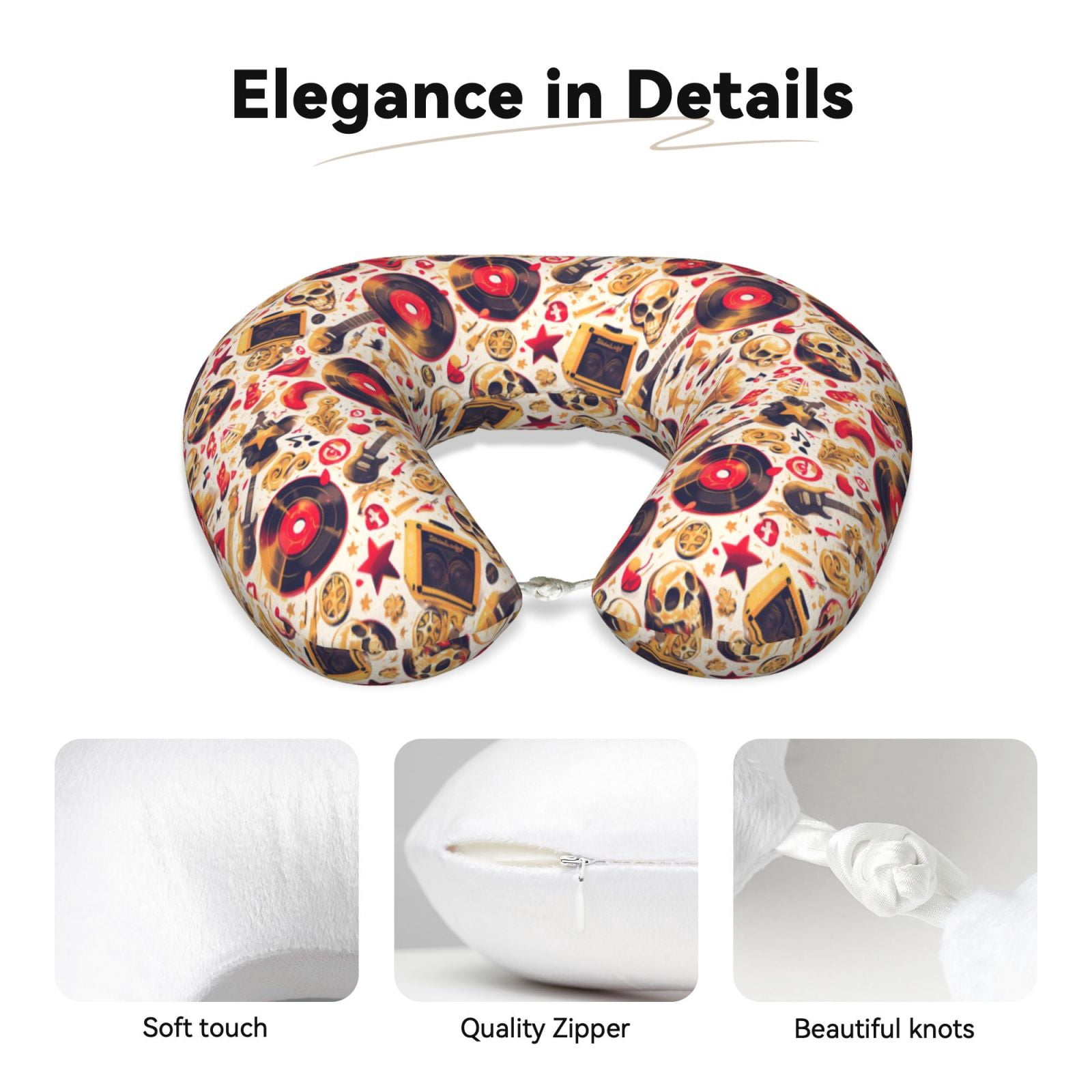 Xecao gold Skull Guitar record Print Memory Foam Cervical Neck Pillow Versatile U-Shaped Pillows for Home,Office,Camping,Travelling,Soft Washable Cover
