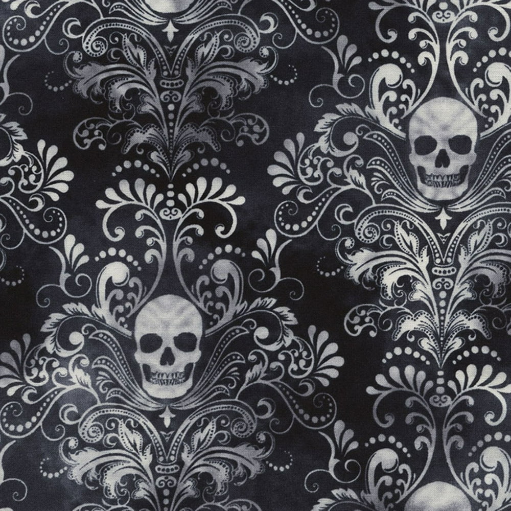 Timeless Treasures Wicked Spooky Skull Damask Negative Skulls Charcoal ...