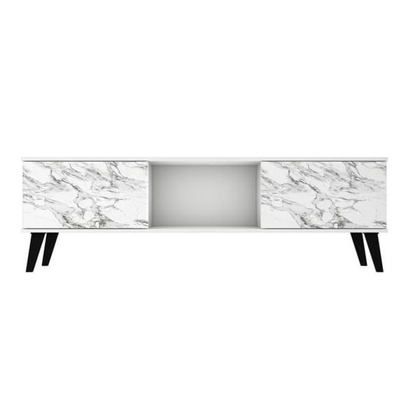 Doyers Mid-Century Modern TV Stand in White & Marble Stamp&#44; 19.69 x 62.2 x 14.97 in.