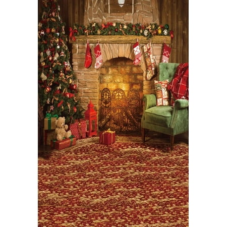 Image of Christmas Backdrops For Photography Old Brick Wall Fireplace Socks Gifts Bear Tree Sofa Scene Child Photo Background Photocall