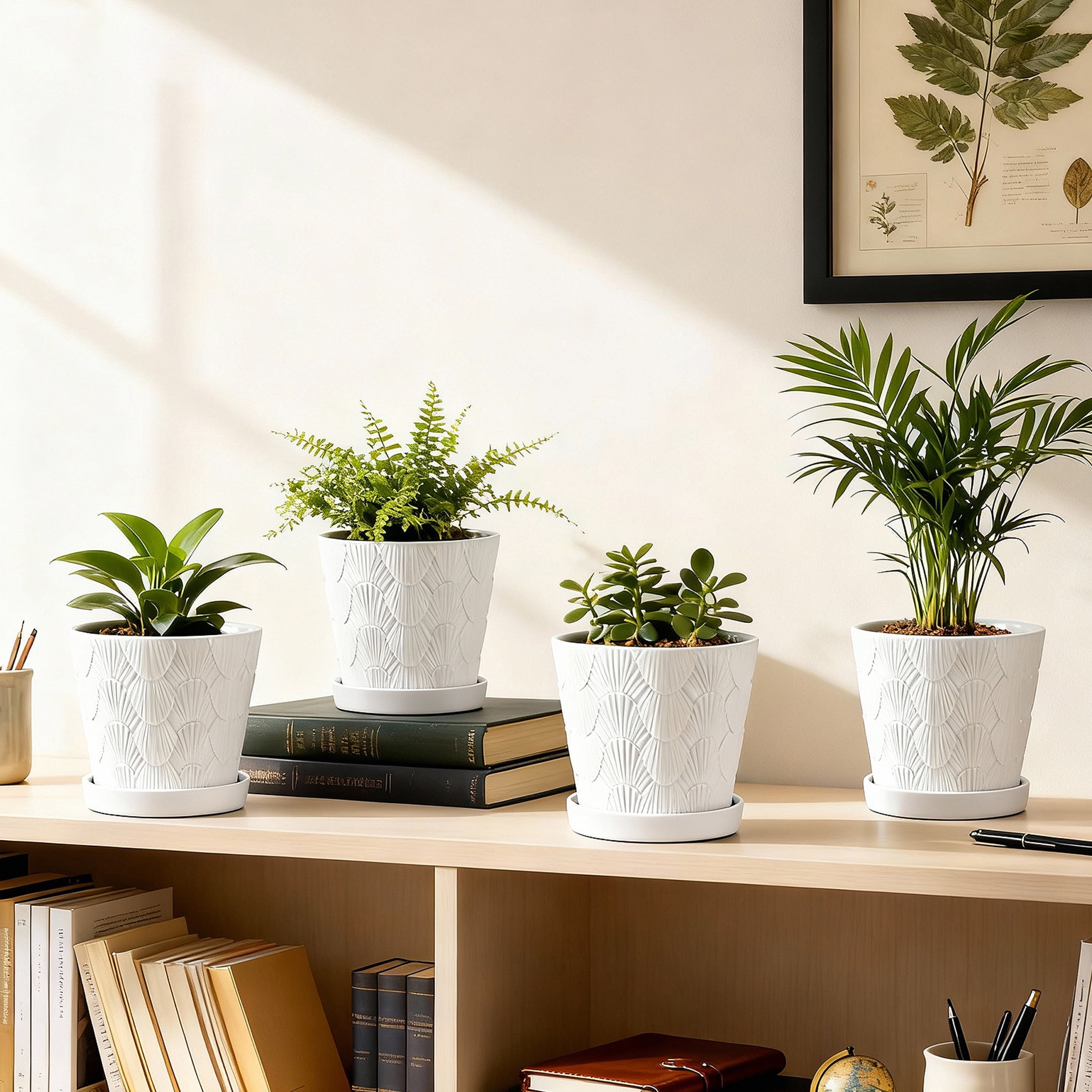 BUYMAX  Shell-Embossed 5" Ceramic Plant Pots with Drainage, White Indoor Flower Pots,Bathroom Decor,Set of 4