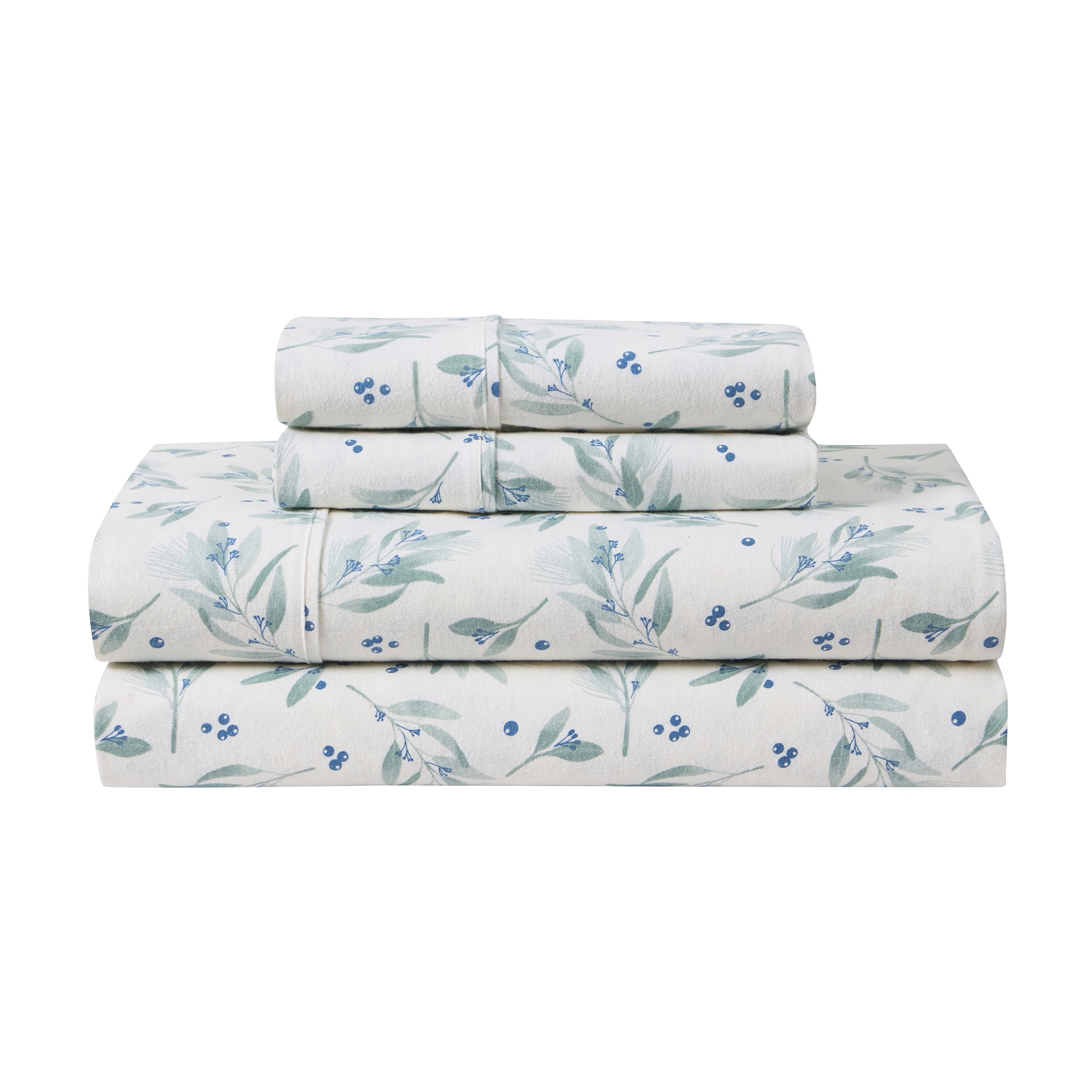 Hallmark Leafage 4-Piece Adult White/Green Brushed Cotton Flannel Bed Sheet Set, King