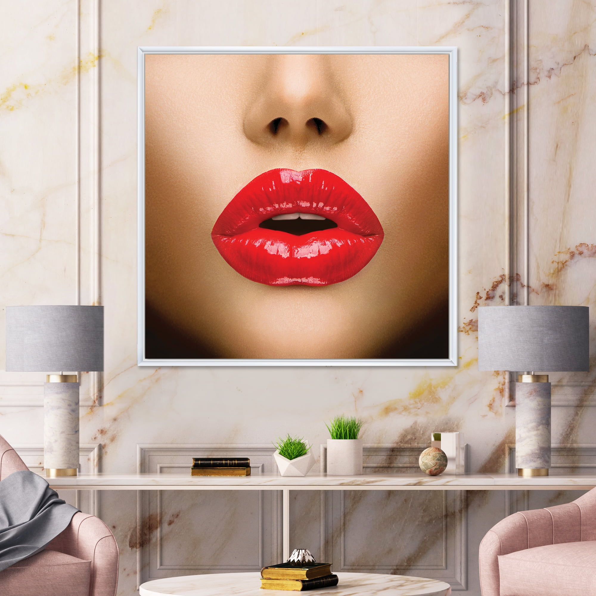 Designart 'Sexy Woman Lips Beautiful Make-Up Close-Up Kiss' Modern Framed Canvas Wall Art Print