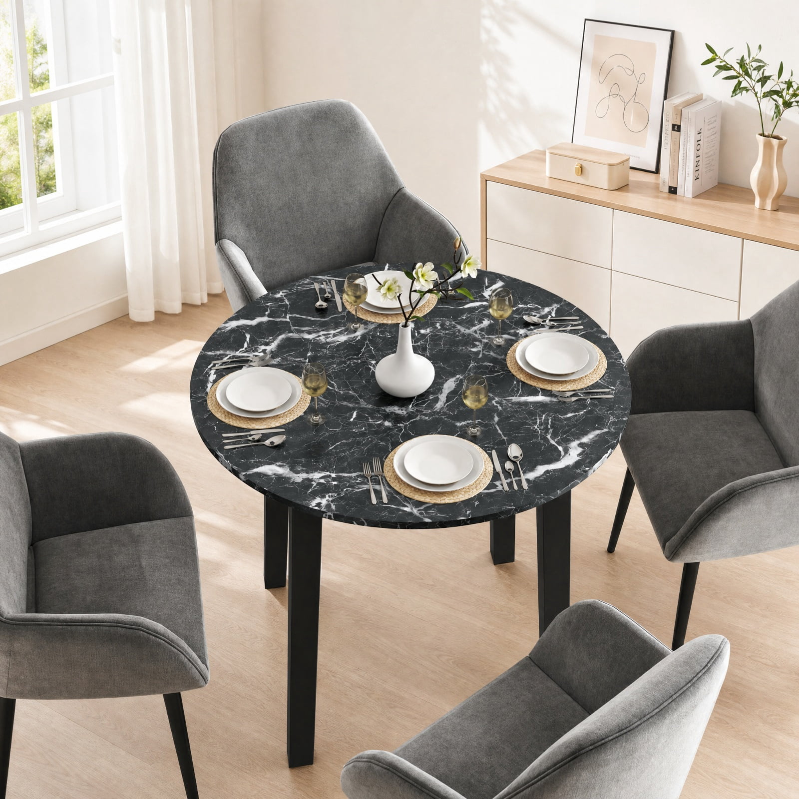 Furnibear 35 Inch Round Dining Table for 4 with Rubber Wood Legs and Marble Textured Veneer Top for Kitchen and Dining Room, Black