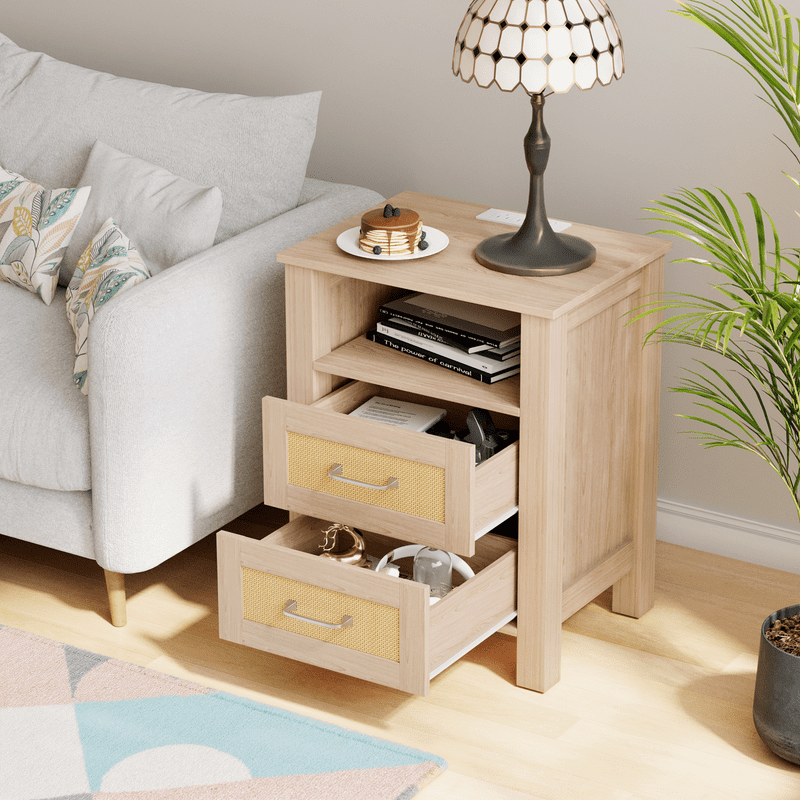 Homall 1 Piece Rattan Nightstand with 2 Drawers, Bedside Table End Table with Charging Station for Bedroom Living Room, Beige