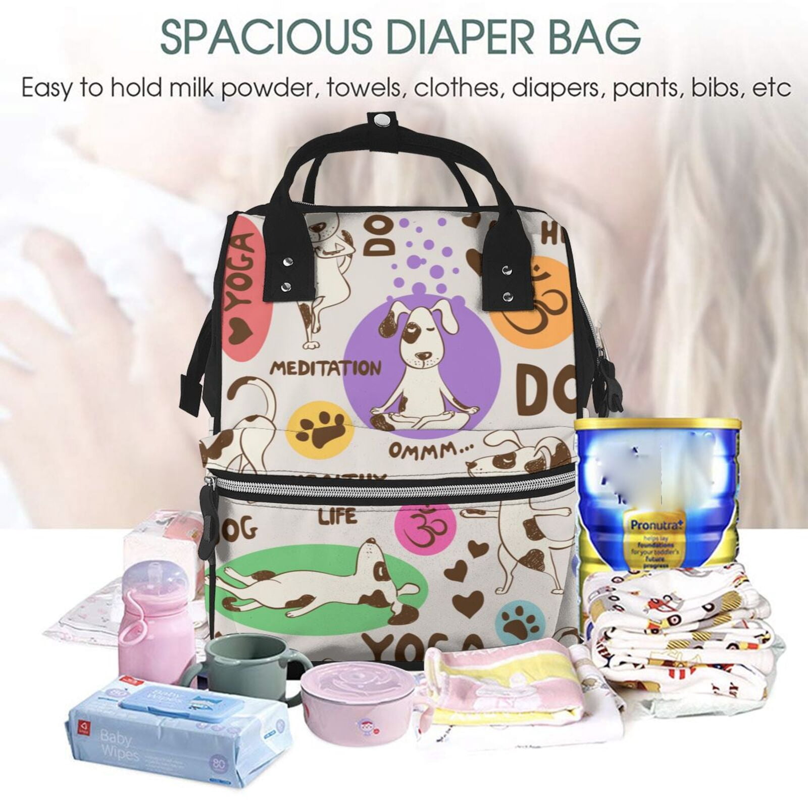 Fuzoiu Dog Doing Yoga Print Diaper Bag Backpack,Baby Essentials Travel Tote,Multi function Waterproof Diaper Bag, Travel Essentials Baby Bag - Unisex