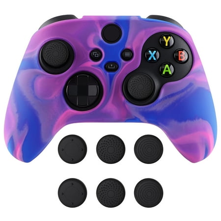 PlayVital Tri-Color Pink & Purple & Blue Camouflage Anti-Slip Silicone Cover Skin for Xbox Series X Controller, Soft Rubber Case Protector for Xbox Core Wireless Controller with Black Thumb Grip Caps