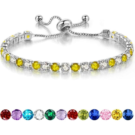 Birthstone Bracelet for Women, Silver Tennis Bracelets with Cubic Zirconia Adjustable Slider Bracelet Birthday Mother's Day Graduation Gifts for Her Mom Wife Girlfriend