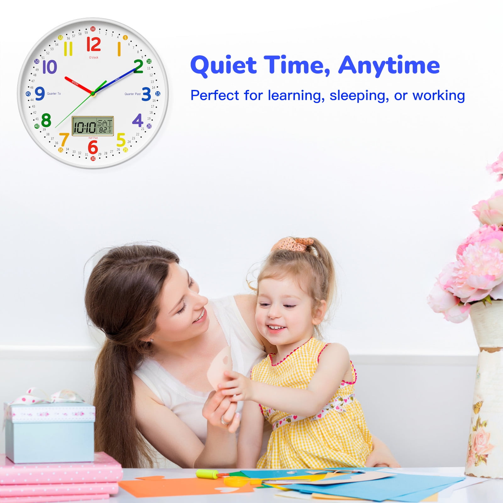 12" Silent Teaching Wall Clock with LCD Date Weekday Temperature Display – Tempered Glass, Non-Ticking Battery Operated Learning Clock for Kids Room, Classroom, Home Decor