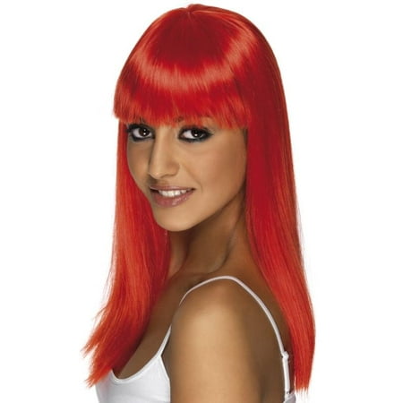 Long Straight Neon Red Glamourama 80's Punk Rock Adult Costume Wig