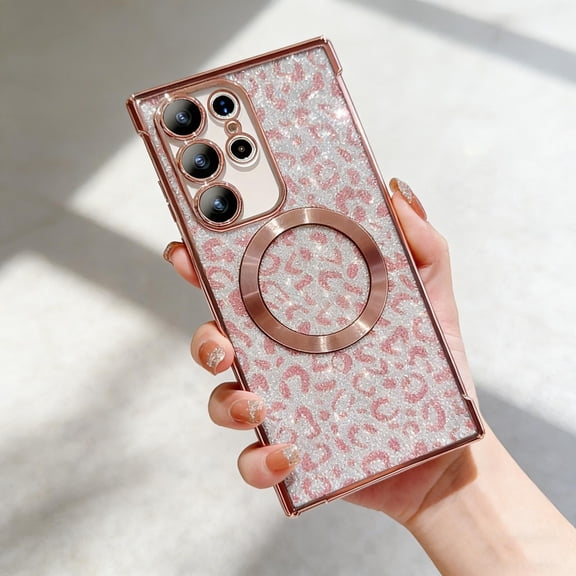 Glitter Case for Samsung Galaxy S22 Ultra Phone Case, Magnetic Compatible with Mag-Safe, Sparkle Bling Shiny Sparkly Shining Design, Leopard Pattern Shockproof Cover for Women Girls, Pink