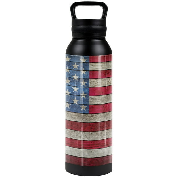 Wooden American Flag 24 oz Insulated Canteen Water Bottle, Leak Resistant, Vacuum Insulated Stainless Steel with Loop Cap