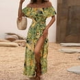 thumbnail image 5 of Women Ruffle Floral Maxi Summer Dress Off Shoulder Short Sleeve Backless Flounce Bodice Slit Hem Beach Dresses Yellow XL, 5 of 6