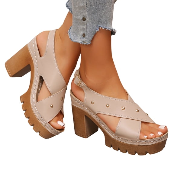Platforms Heeled Sandals for Women Open Toe Ankle Strap Summer Dressy Sandals Chunky Block Heel Solid Color Comfort Vintage Trendy Dressy Non Slip Breathable Walking Casual Shoes