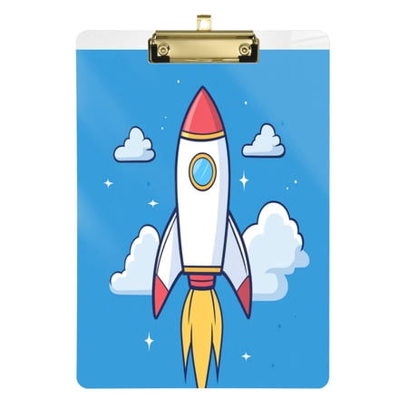 Fashion Clipboard, Acrylic Clipboards, 12.5 x 9 in Clipboard with metal clips, Clip with Retractable Hanging Tab Cartoon Rocket