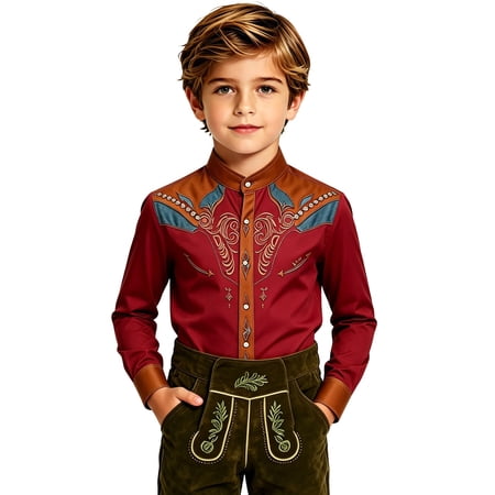 Kiijoy Boys Western Shirt Cowboy Print Long Sleeve Button Down Shirt Kids Top 7-8 Years