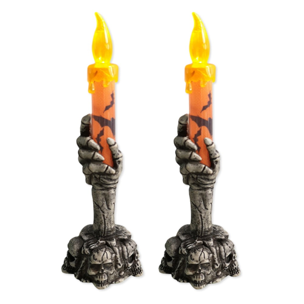 2 Pack Skeleton Hands Hold Lighted Candle Flameless Halloween Candles ...