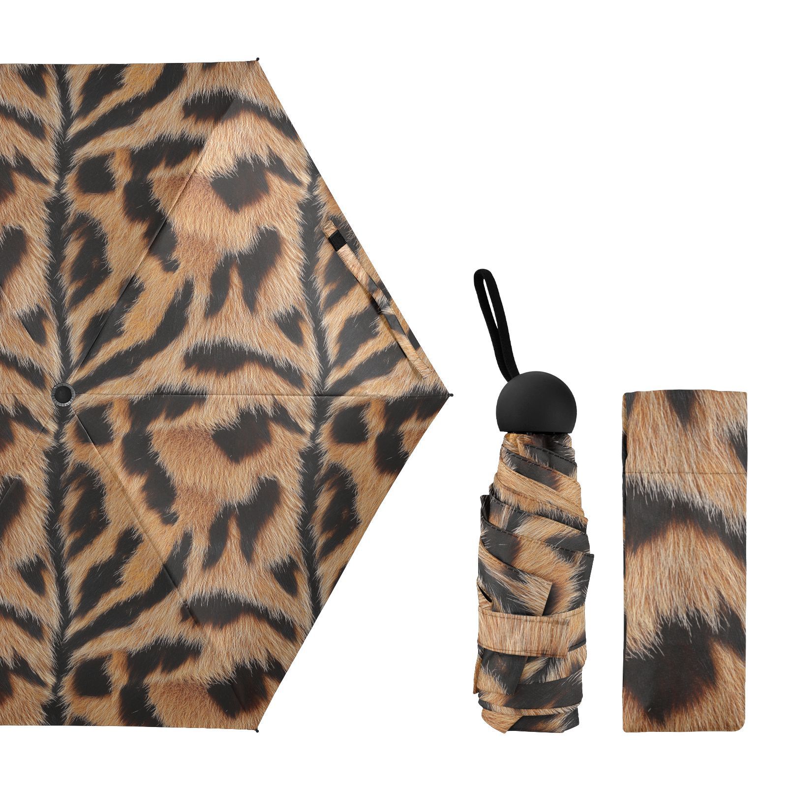 JSTEL Tiger Print Folding Umbrella for Rain Sun Travel Mini Lightweight Compact Umbrellas