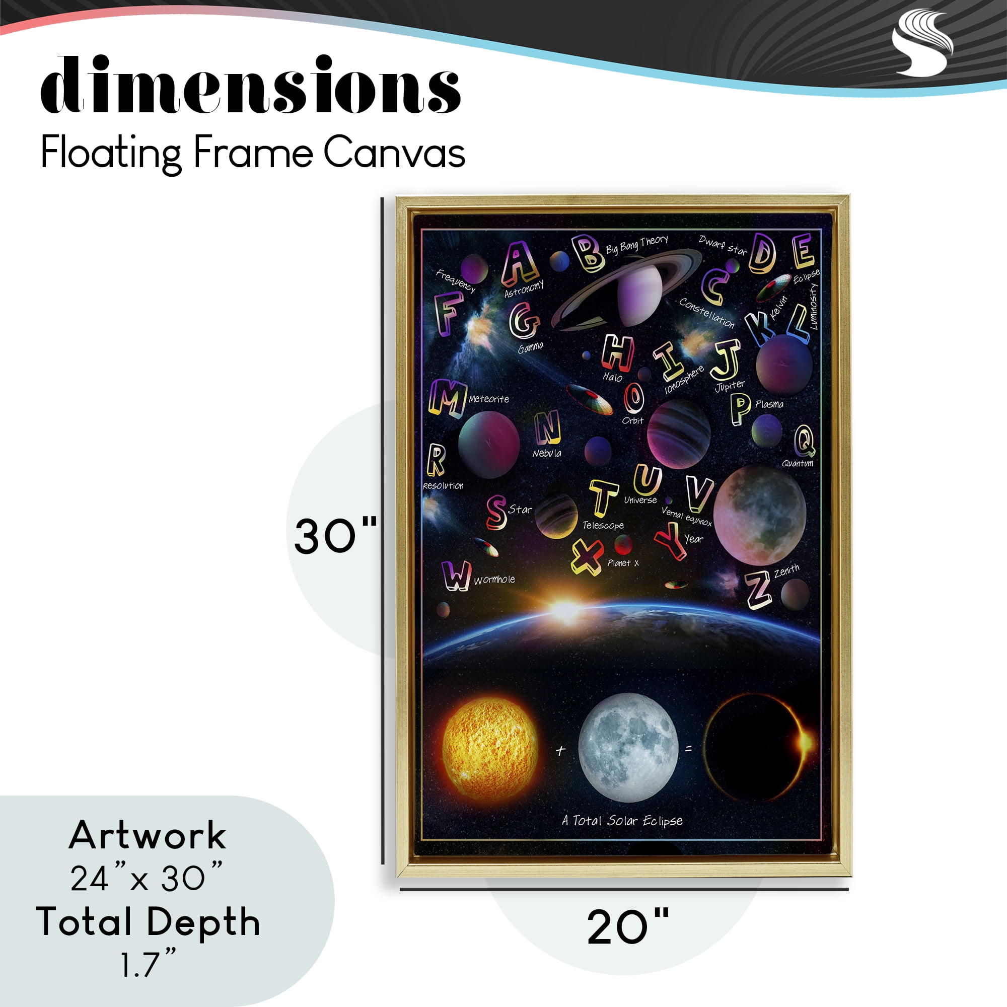 Educational Astronomy Alphabet Gold Framed Floater Canvas Wall Art, design by Ali Chris