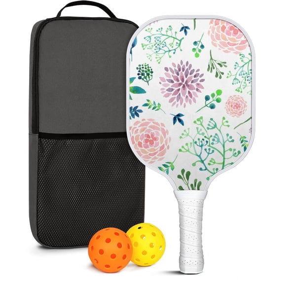 Pickleball Paddles Set Of 1, Fiberglass Surface, Floral, Flowers Print, 1 Paddle, 2 Balls & Bag