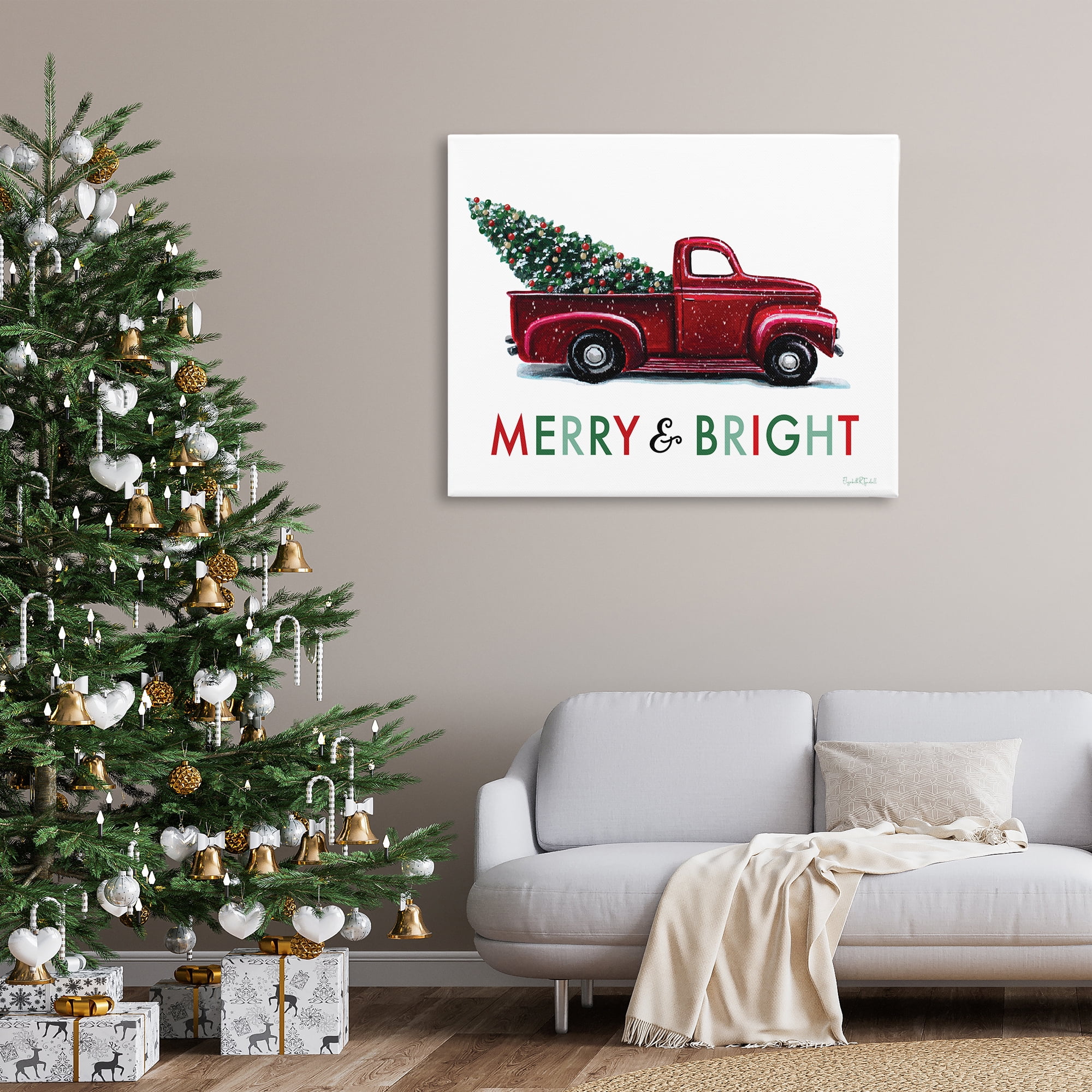 Stupell Industries Merry Bright Christmas Truck Holiday Painting Gallery Wrapped Canvas Art Prints Wall Art, 48 x 36