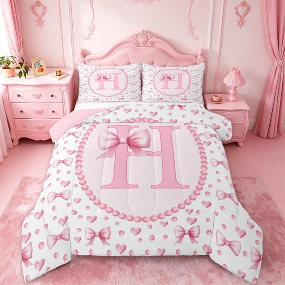 Manfei Sweet Heart Bow Full Size Comforter Sets For Kids,Letter H Monogram Letter Bedding Sets For Girly,Pink Reversible,3-Piece