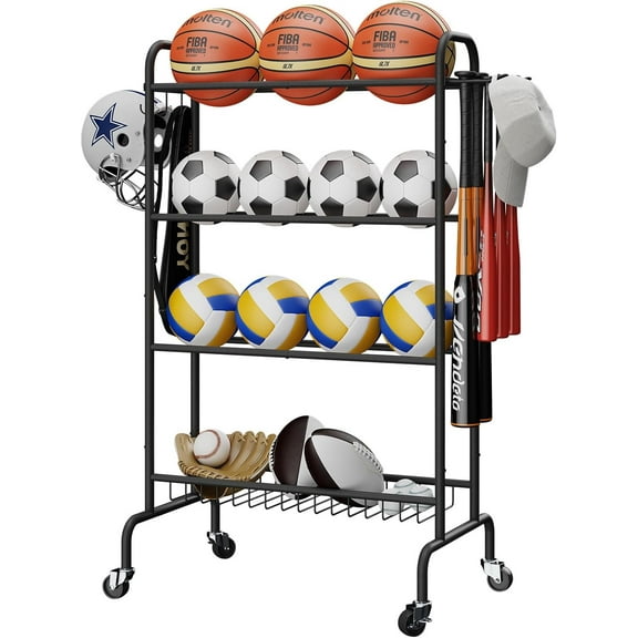 Basketball Rack, 4-Layers Rolling Ball Storage Rack with Wheels, Movable Garage Sports Equipment Storage Organizer for Basketball Football Soccer Volleyball Outdoor Indoor, Black TBL002B