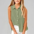 thumbnail image 2 of Fesfesfes 5-16 Years Girls Cotton Linen Shirts Solid Color Sleeveless Summer Vacation Tunic Tops Oversized Tshirts V Neck Dressy Blouses Button Turn Down Tops(Green,11 Years), 2 of 7